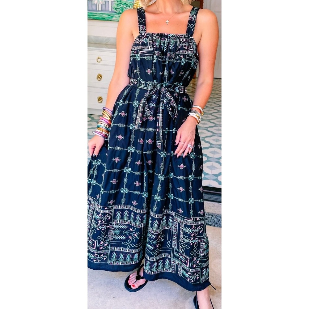 &Merci Black Embroidered Boho Brunch Vacation Maxi Dress SZ S Sleeveless Belted‎